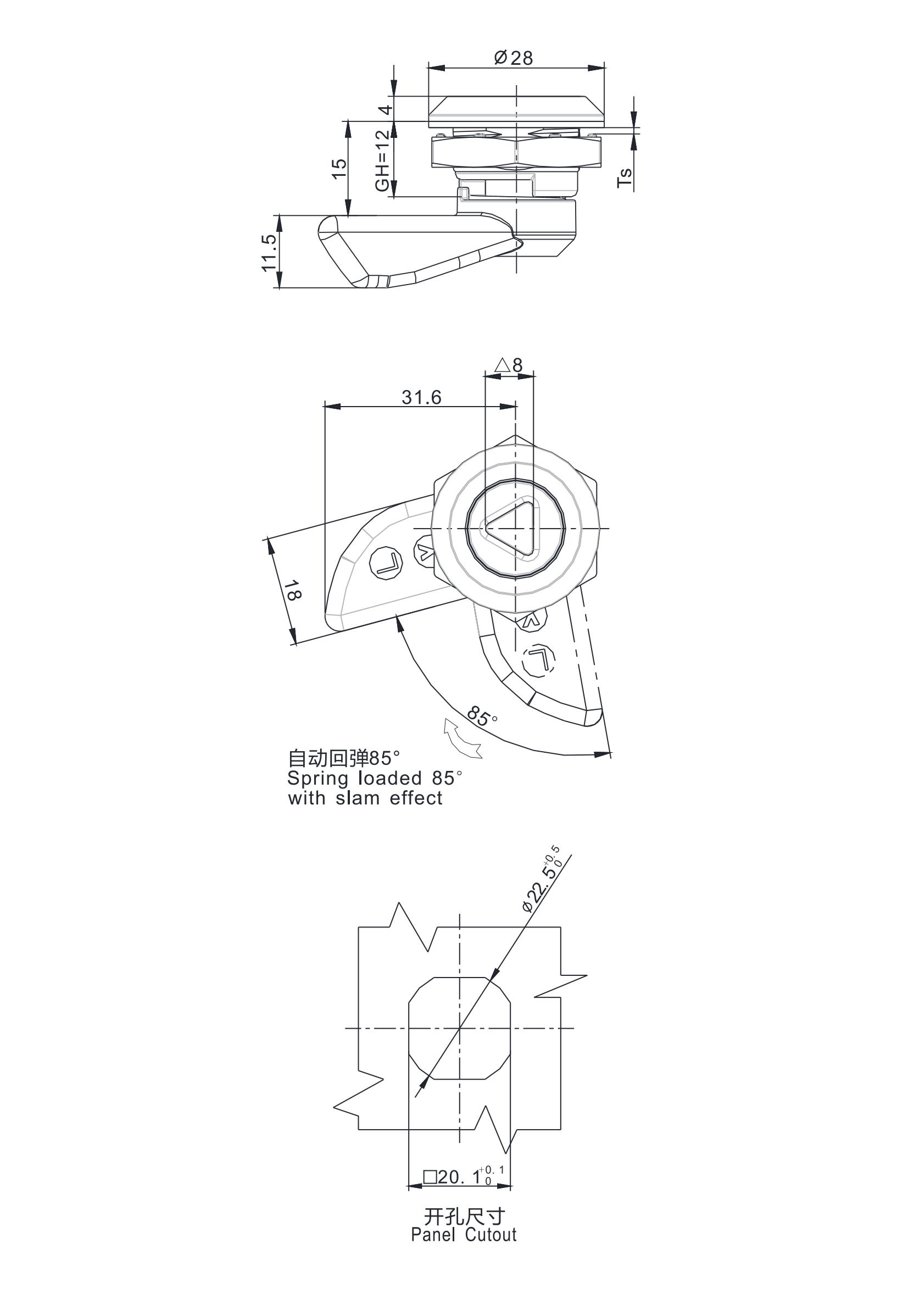 直角转舌锁 1419自动回弹85°系列